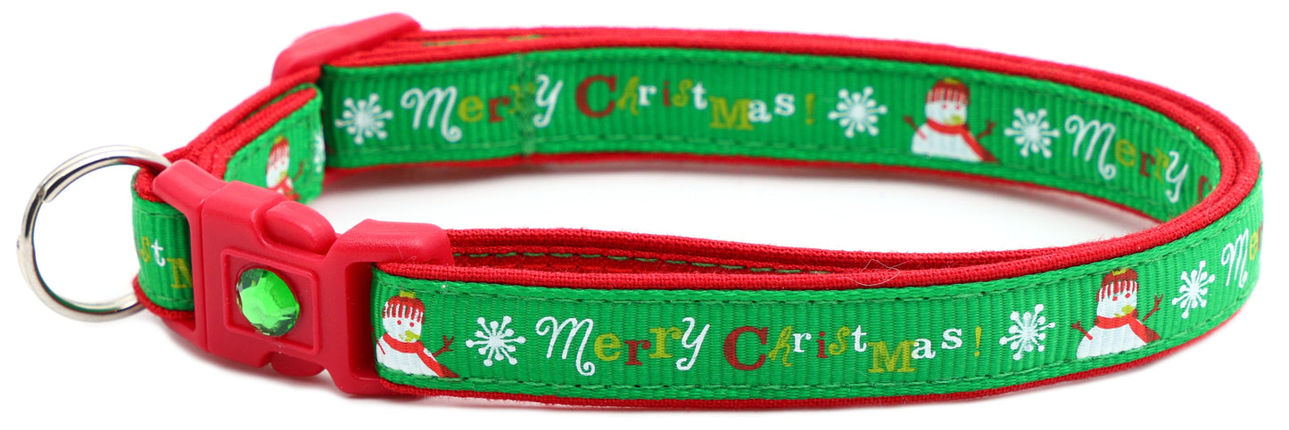Merry Christmas Snowmen on Green Cat Collar