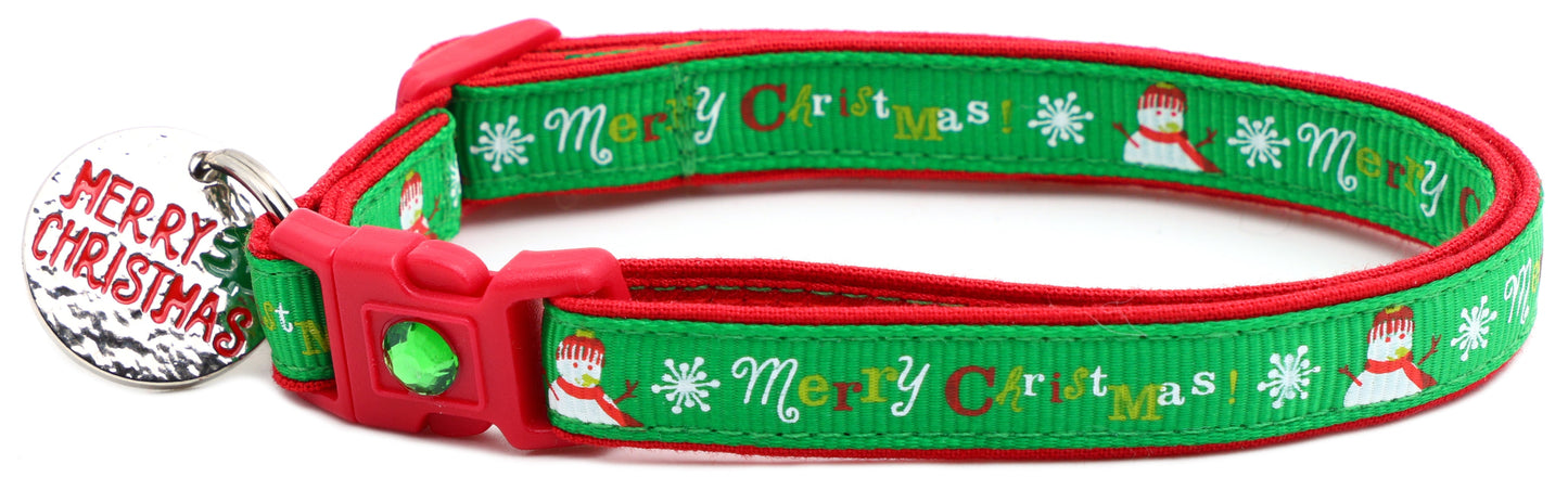 Merry Christmas Snowmen on Green Cat Collar
