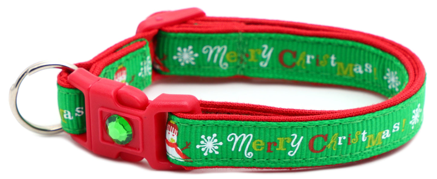 Merry Christmas Snowmen on Green Cat Collar